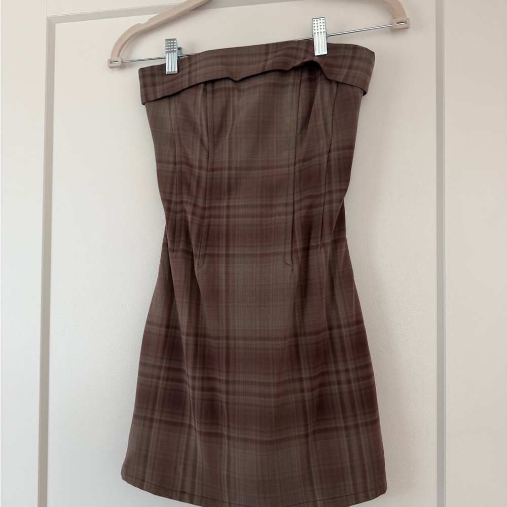 With Jean Brown Plaid Strapless Dress